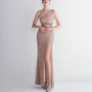 Kalinnu One Shoulder Gold Sequin Maxi Gown Dress Women’s 12 NWT